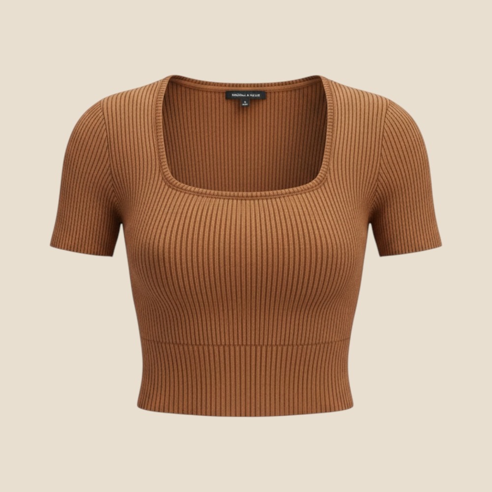 Kendall & Kylie Brown Ribbed Knit Crop Top Short Sleeve Scoop Neck Medium